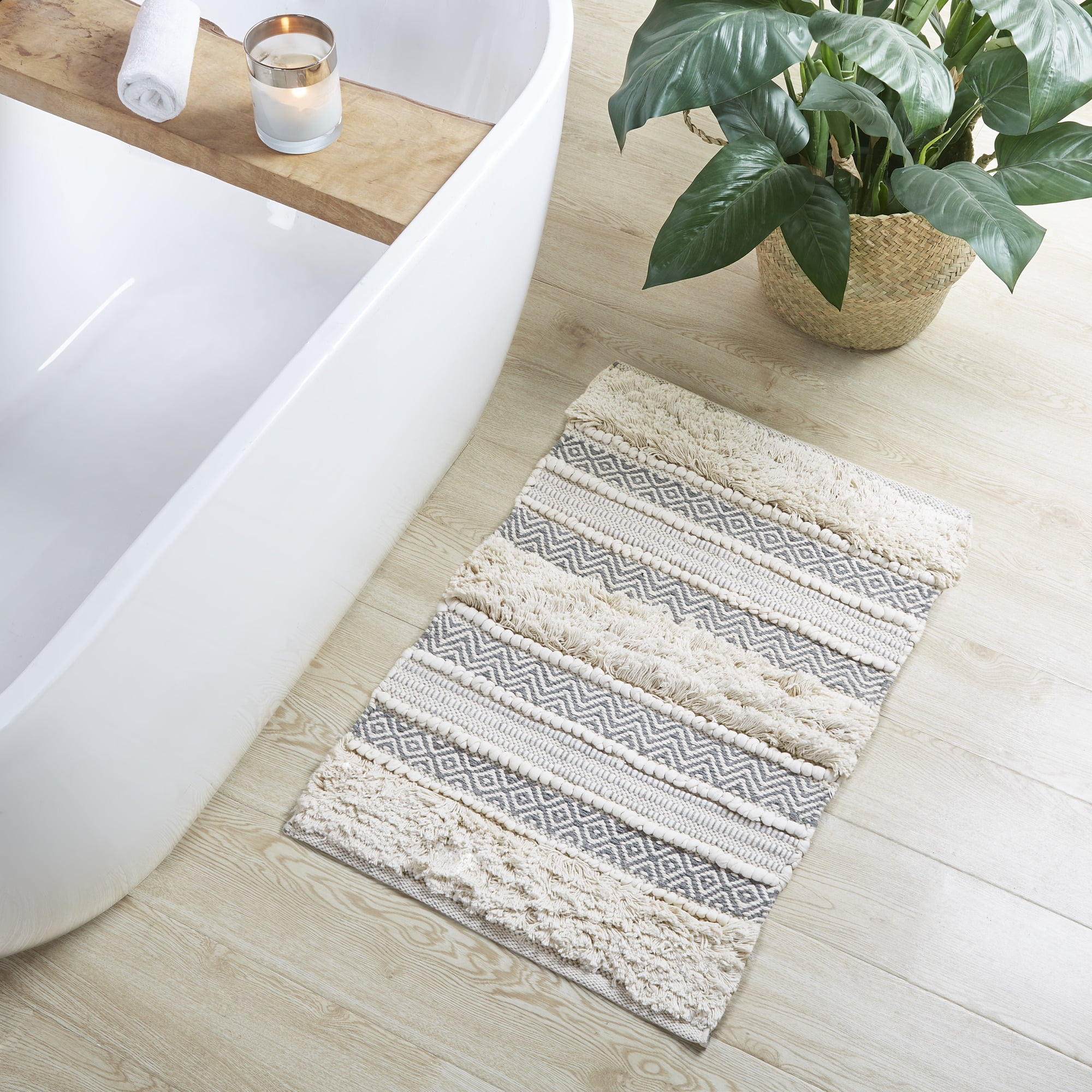 Nordic Shaggy Grey and Beige Patterned Bathroom Rug
