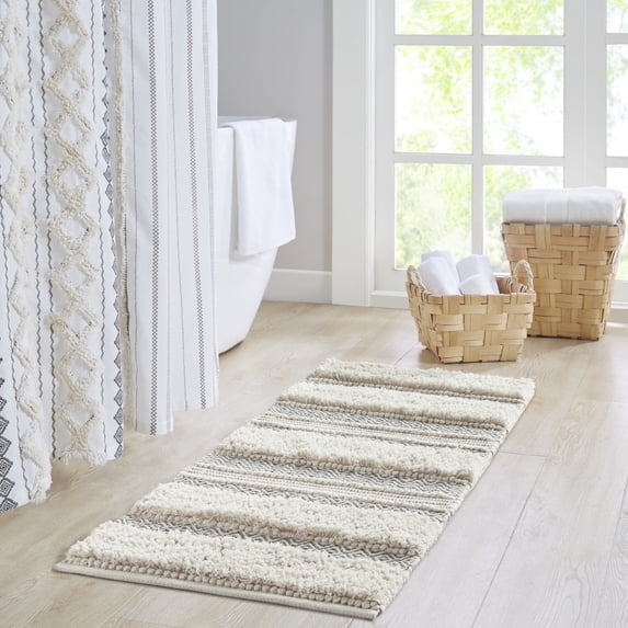 INK+IVY Bathroom Runner Rug, Handwoven Cotton Bath Mat, Skid Resistant Boho Bath Rug for Bathroom, Grey, 22x58"