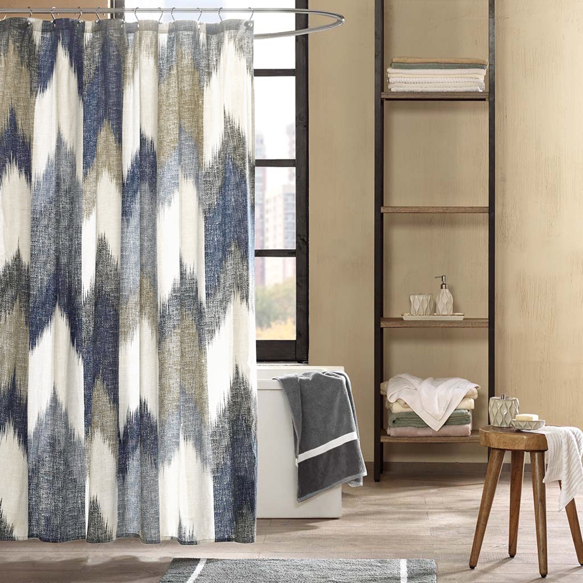 INK+IVY Chevron Shower Curtain, 100% Cotton Bathroom Curtain with 12 Button Holes, Navy, 72" x 72"