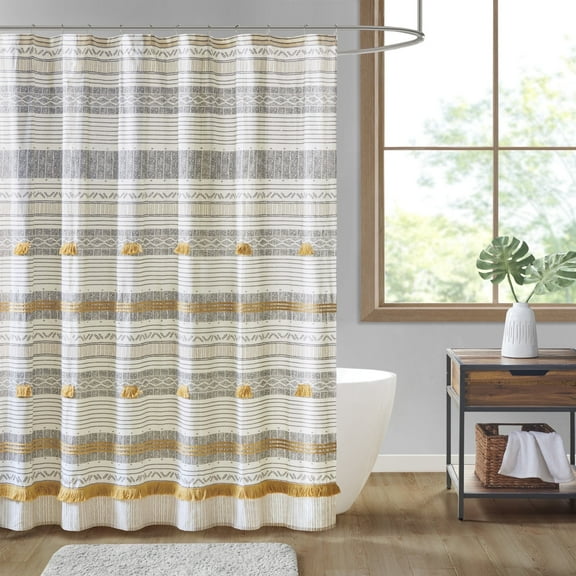 INK+IVY Cody Cotton Stripe Printed Shower Curtain with Tassel in Gray/Yellow