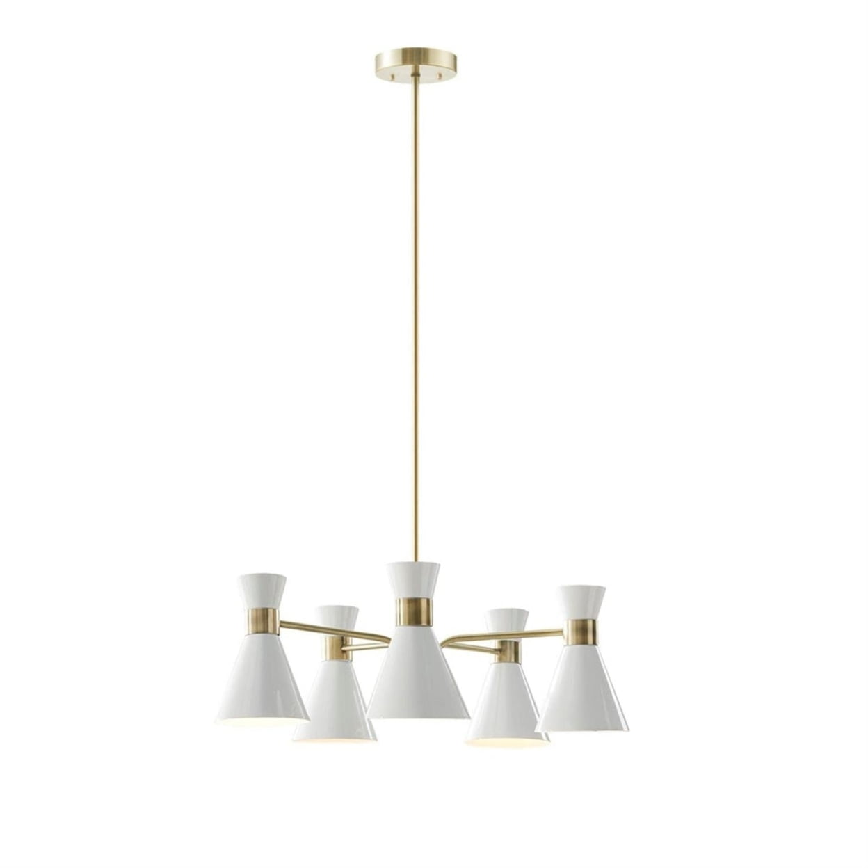 Ezra Mid-Century 5-Light Chandelier in Antique Brass with White Shades