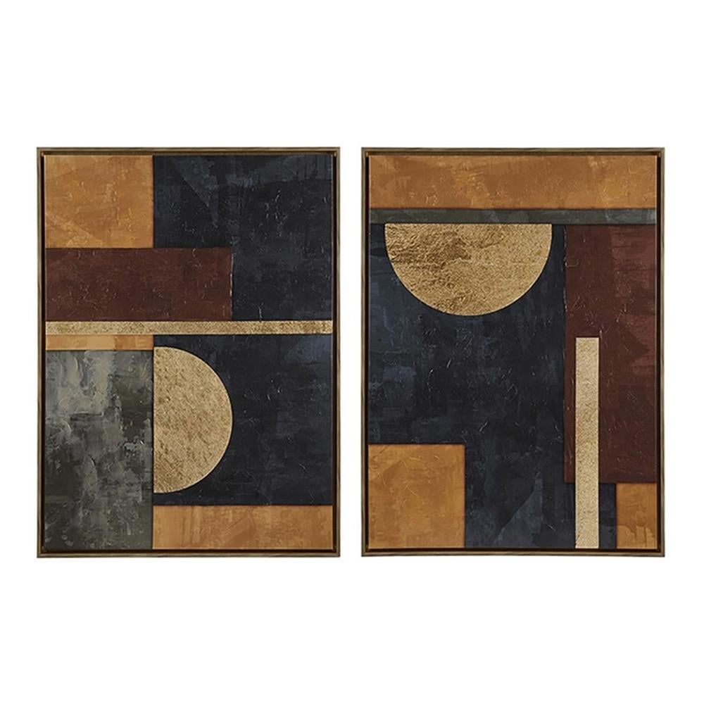 Jeweled Geo Multi-Color Abstract Canvas Wall Art Set with Walnut Frame