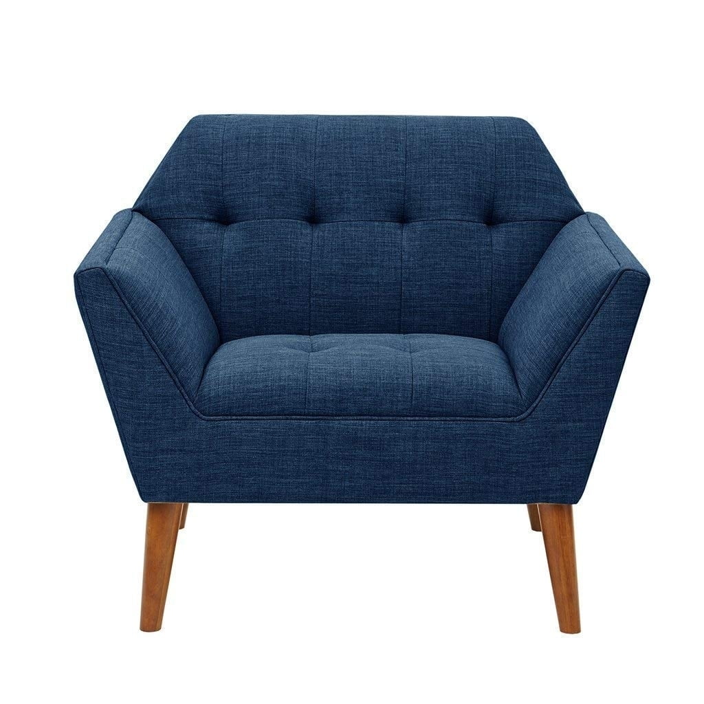 Blue Mid-Century Modern Wood Accent Chair with Button Tufting