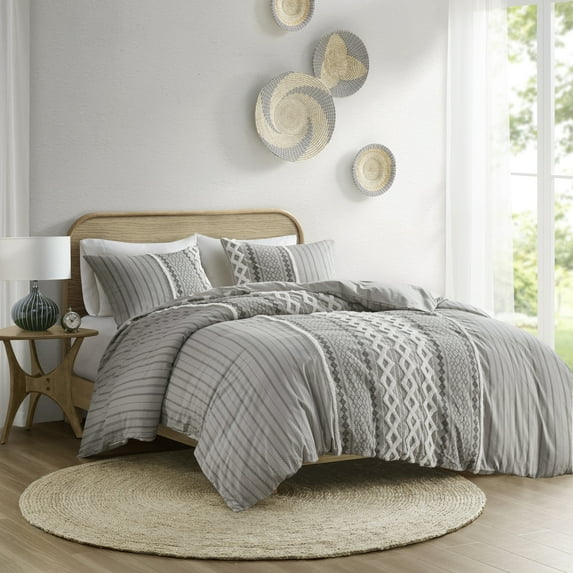 INK+IVY Imani 3 Piece Full/Queen Cotton Printed Duvet Cover Set with Chenille Gray