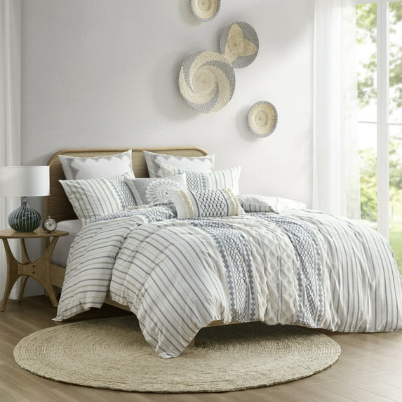 INK+IVY Imani 3 Piece King/Cal King Cotton Printed Duvet Cover Set with Chenille White/Navy