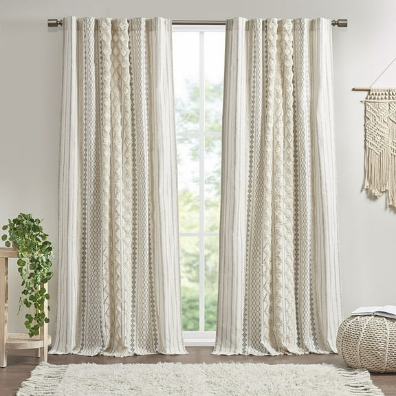 INK+IVY Imani Cotton Printed Curtain Panel with Chenille Stripe and Lining, Ivory, 50x84"