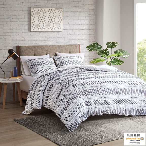 INK+IVY King/Cal King Rhea 3-Piece Cotton Jacquard Comforter Mini Set, Off-White/Navy