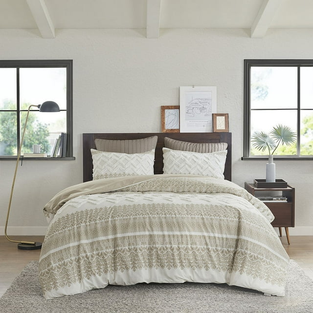 INK+IVY Mila 3-Piece Cotton Printed Comforter Set with Chenille in Brown