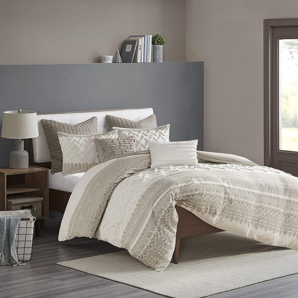 Taupe and White Cotton Full Comforter Set with Chenille Tufting