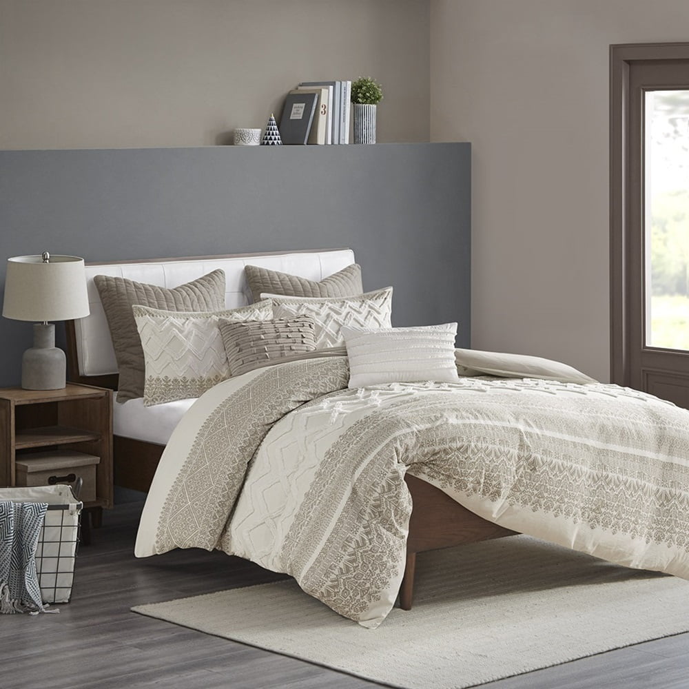Taupe and White Cotton Full Comforter Set with Chenille Tufting