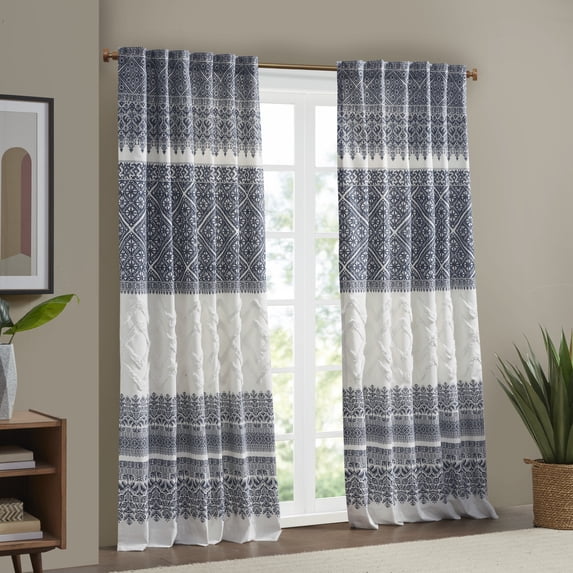 INK+IVY Mila Cotton Printed Curtain Panel with Chenille detail and Lining - 84" - Navy