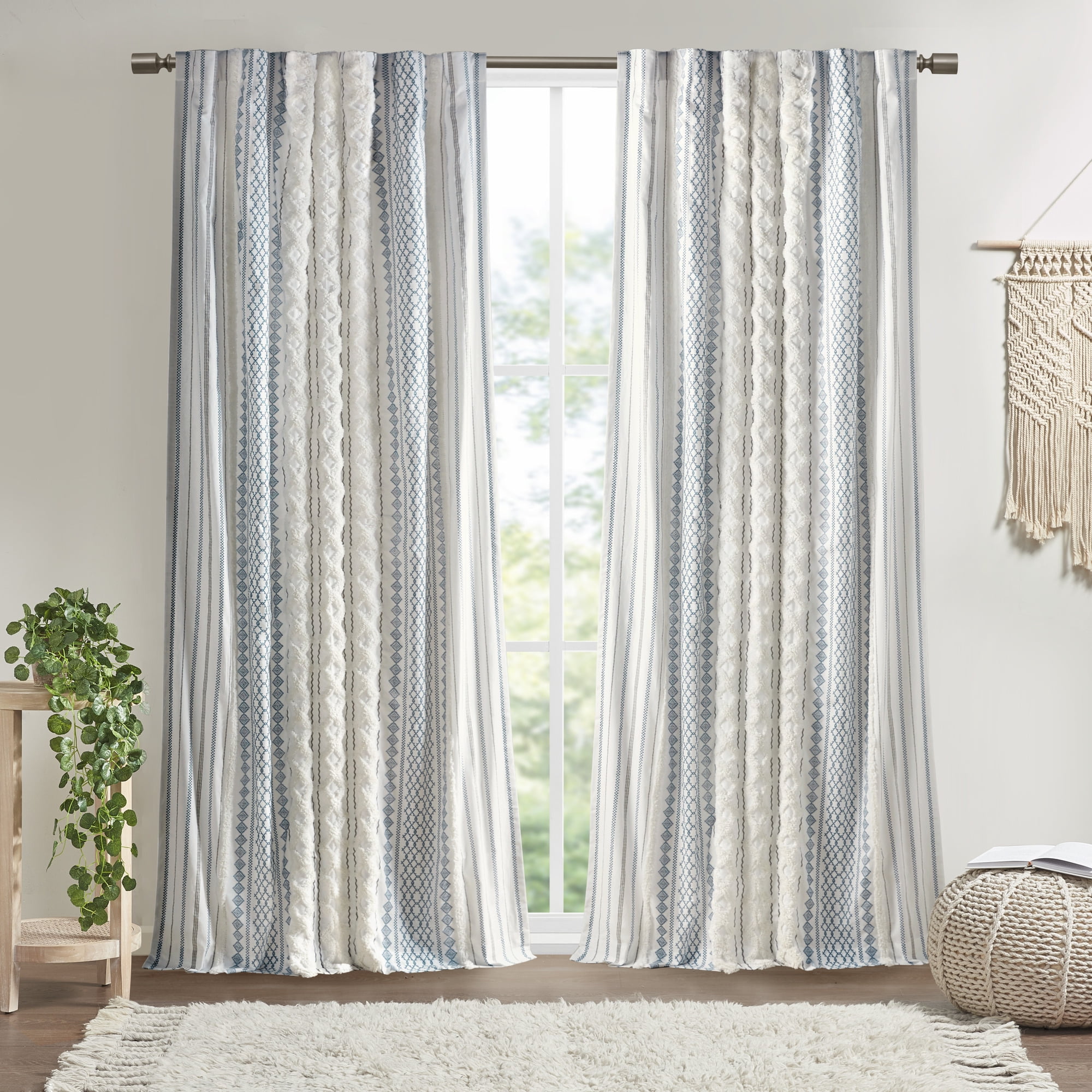 Ivory and Navy Cotton Chenille Stripe Light-Filtering Curtain Panel