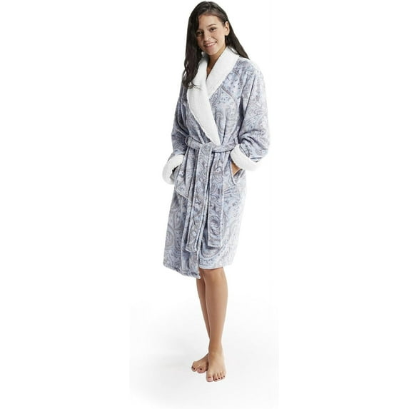 INK+IVY Plush Kimono Belted Robe for Women - Mid-Length Ladies Bathrobe Loungewear with Pocket, Collar & Cuff, Printed Paisley Grey, L/XL Paisley Gray Large-X-Large