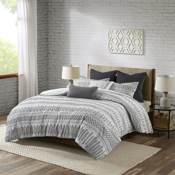 INK+IVY Rhea Geometric King Global Inspired 3 Piece Cotton Jacquard Comforter Set Grey Bedding Set For All-Season Adult