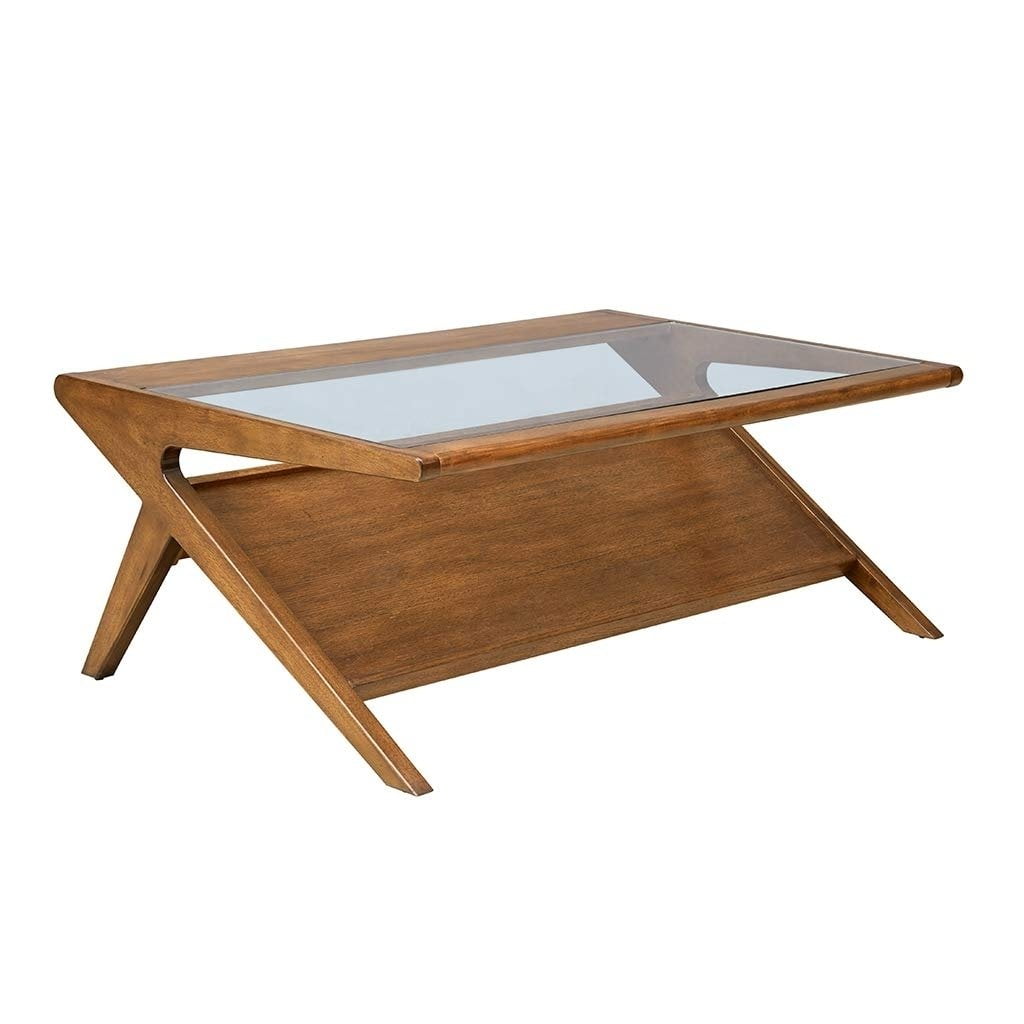 Retro Walnut Rubberwood Coffee Table with Glass Top