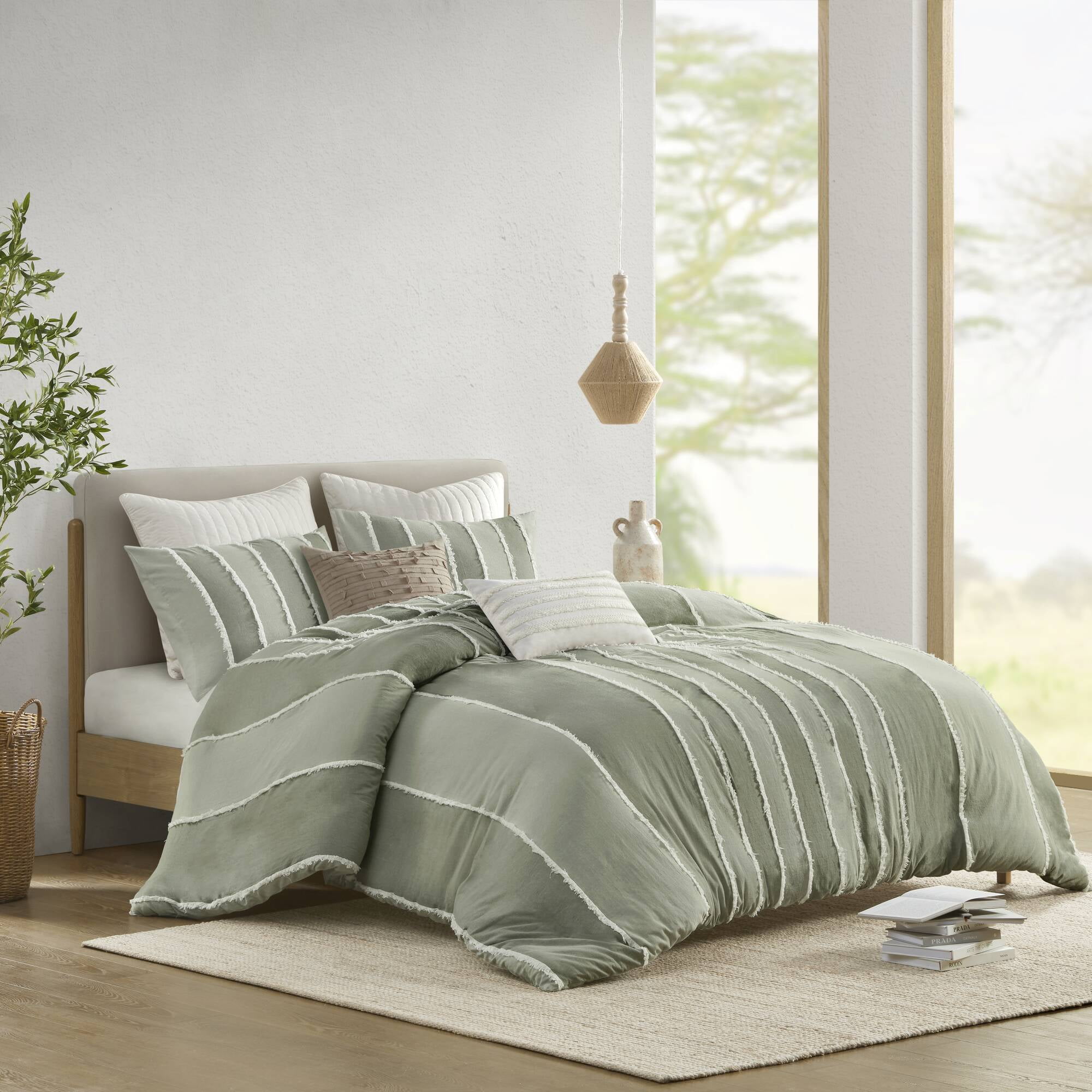 Sage Green Cotton Striped King Duvet Cover Set