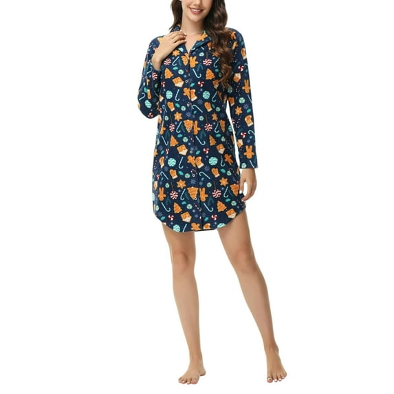 INK + IVY Women's Long Sleeve Printed Notch Collar Sleepshirt Nightgown (Blue, L)