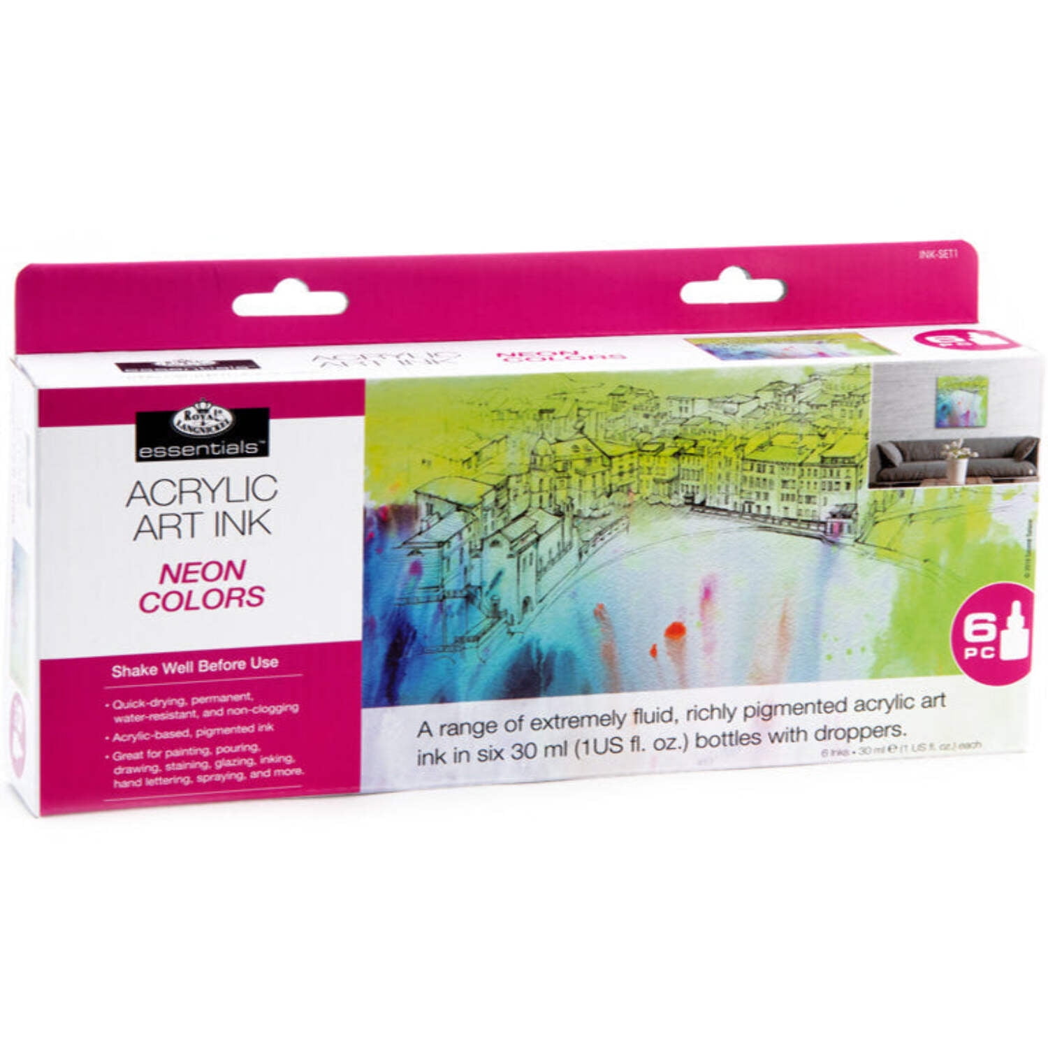Royal & Langnickel Essentials™ 6pc Neon Colors Acrylic Art Ink Bottles