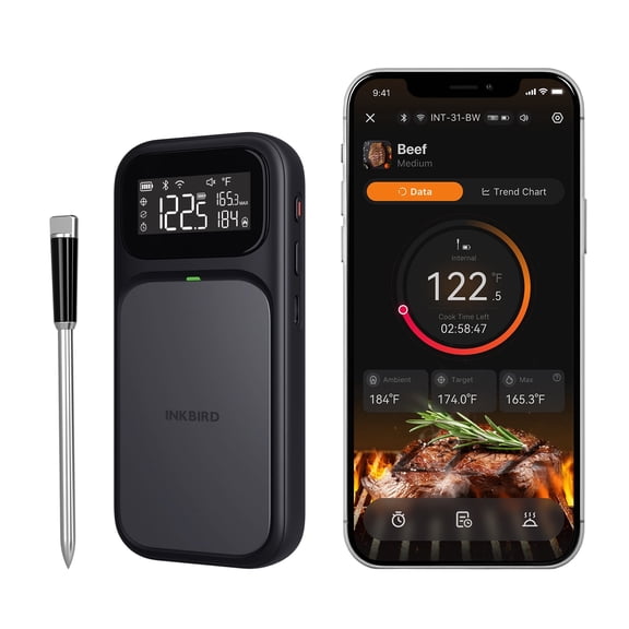 INKBIRD INT-31-BW Wireless Meat Thermometer, WiFi 5G and Bluetooth 5.4 Dual Connection, Multi-sensing Temperature Probe, NIST Approved Accuracy, High and Low Temp Alarms with Cooking Time Estimator