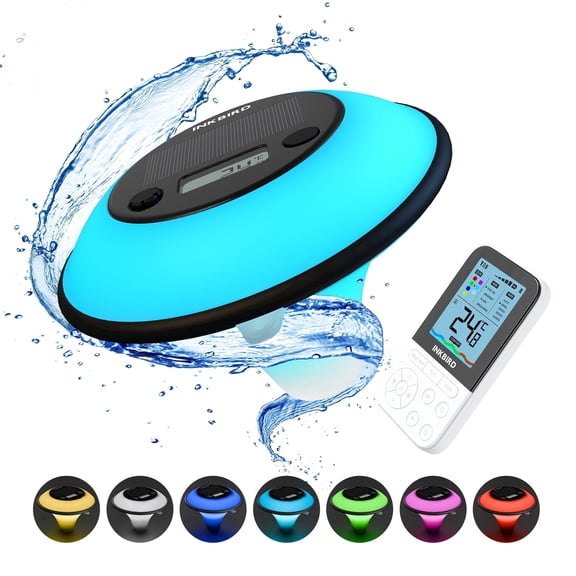 INKBIRD Solar Powered Wireless Pool Thermometer Set with Ambient Light, Indoor Remote Control, Light Sensing On Off, Water Temp Comfort Level Indication, for Swimming Pool, H