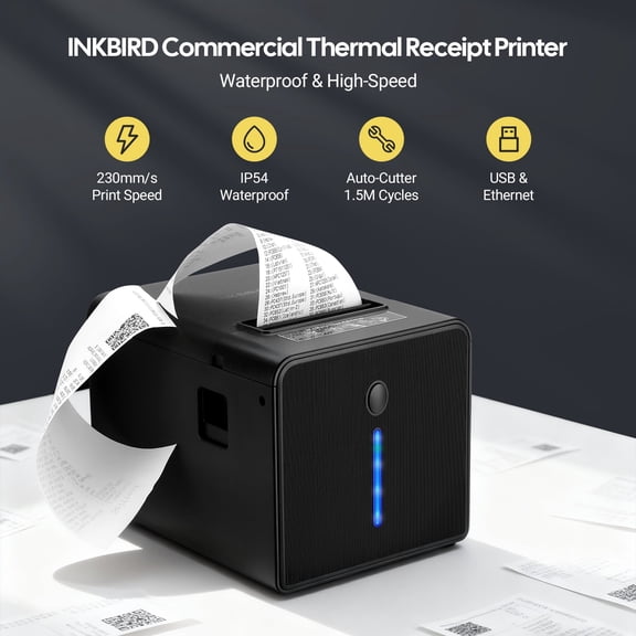 INKBIRD Thermal Receipt Printer, Waterproof IP54 Kitchen POS Printer, Ethernet USB RJ11, 230mm/s Direct Thermal Printing, Wall-Mounted, Ideal for Restaurant Cafe Supermarket