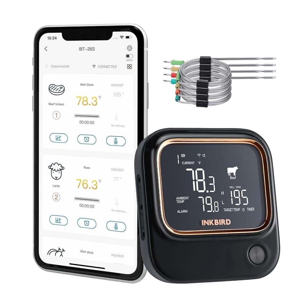 INKBIRD IBT-26S Bluetooth Wi-Fi BBQ Thermometer, with 6 Food-grade Probes, APP Control, USDA Meat Presets, Temperature Alarm and Timer, Backlit LCD with Adjustable Brightness