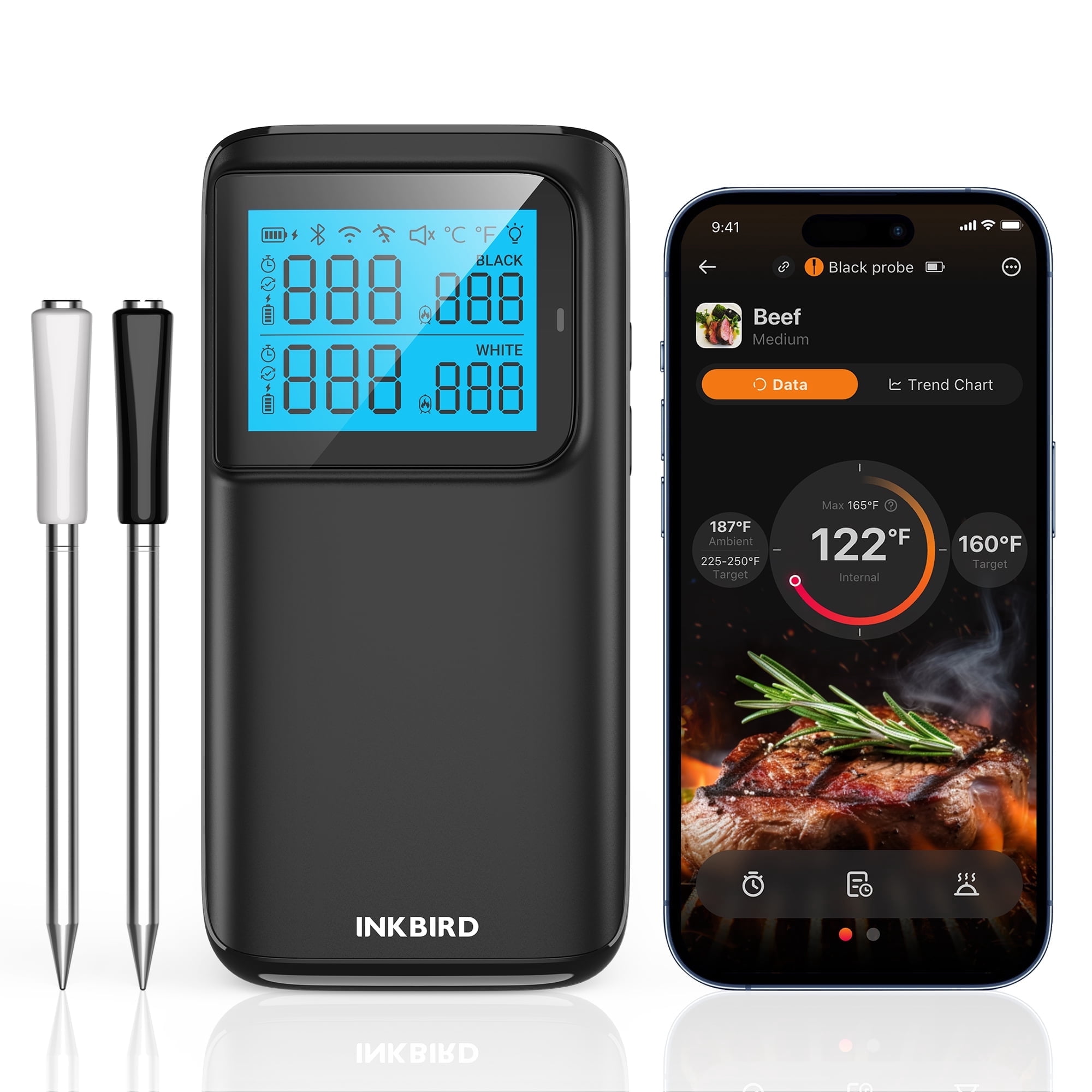 INKBIRD INT-12E-BW Wireless Dual Mode Multi-Sensor Meat Thermometer With 2 Probes, 5 Sensors,CNAS-accredited Accuracy
