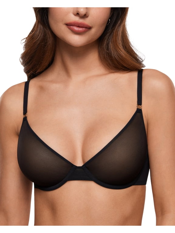 Women's Cosnufy Sheer Balconette Bra Demi Unlined Plunge Mesh See Through Sexy Bras Underwire