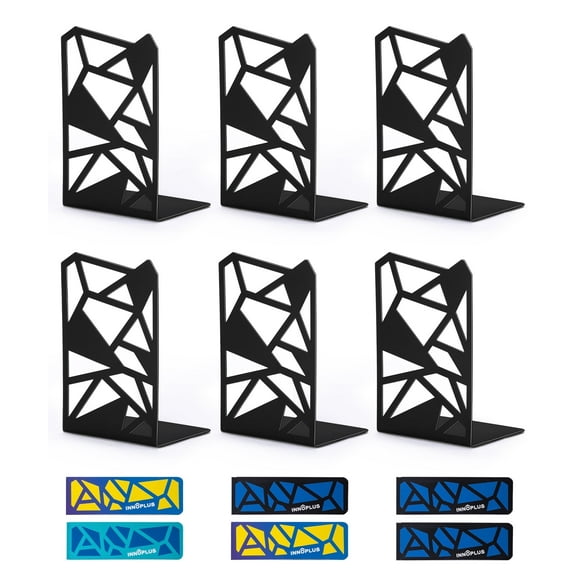Innoplus Book Ends 3 Pairs, Line Design Modern Metal Bookends for Shelves, Heavy Duty Metal Book Stopper for Home Office, Black(6 Pack)