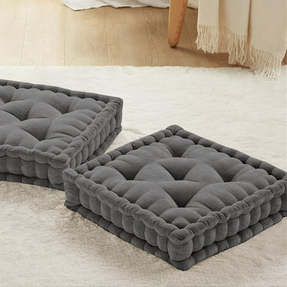 INNA Meditation Floor Pillow, Large Pillows Seating for Adults, Tufted Thick Chenille Cushion for Yoga Living Room Sitting (Inna Charcoal) 2 Pack