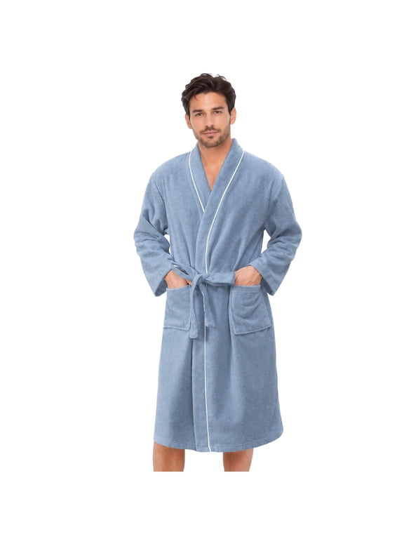 Men's Terry Bathrobe Absorbent Lightweight Towel Robe Soft Long Robe,Haze Blue L/XL