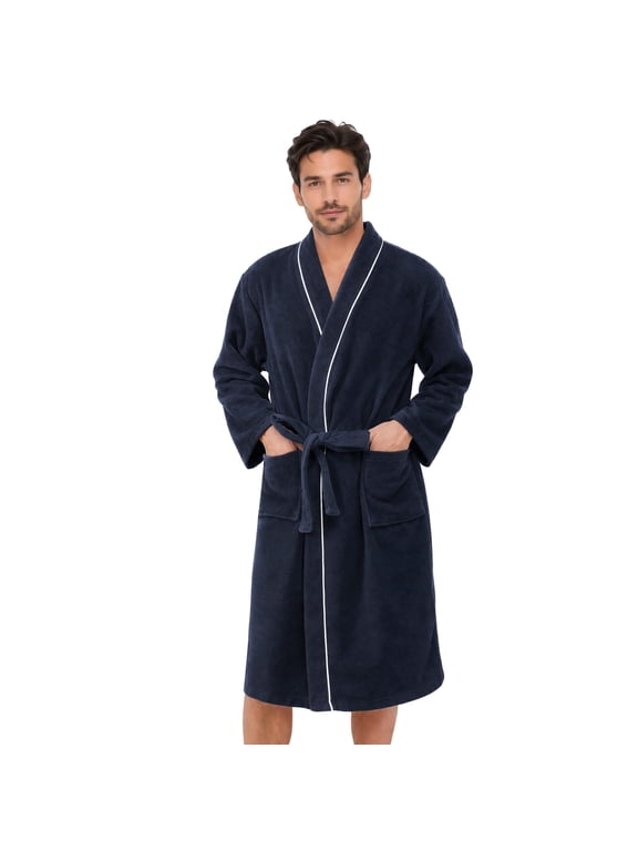 Men's Terry Bathrobe Absorbent Lightweight Towel Robe Soft Long Robe,Navy Blue L/XL