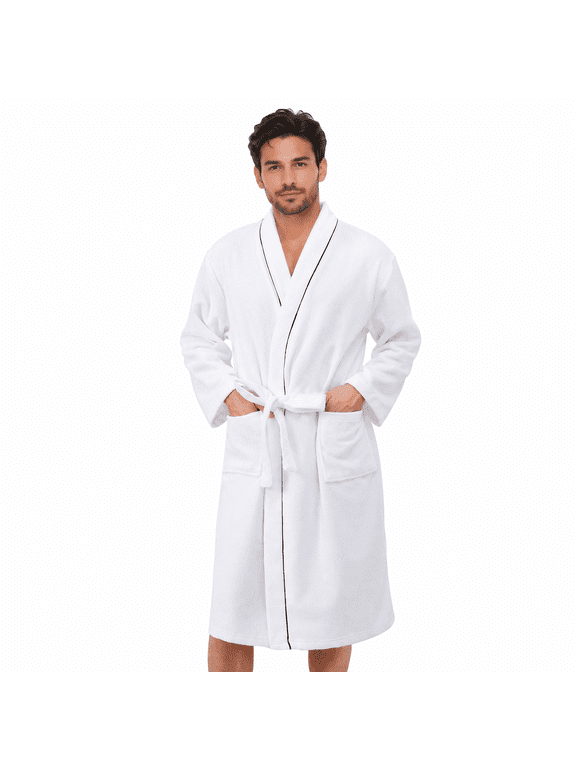 Men's Terry Bathrobe, Soft Lightweight Towel Robe, White, L