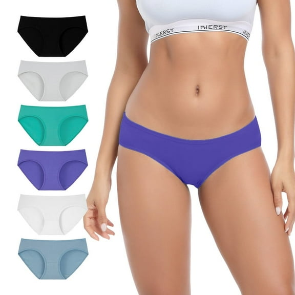 INNERSY 6-Pack Cotton Low Rise Bikini Underwear for Women(L,Blue Tones)