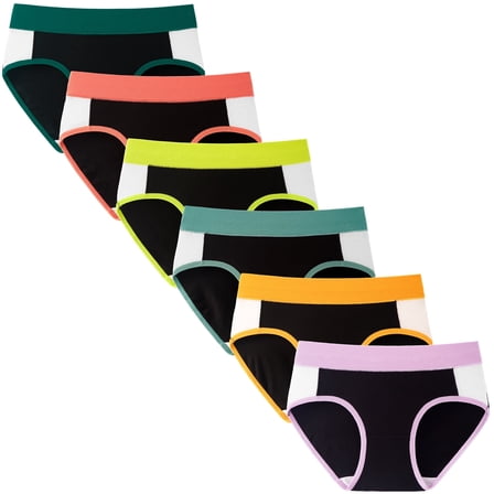 INNERSY Big Girls Underwear Soft Cotton Briefs Mid-Rise Panties for Teen Girls 6 Pack (12-14 Years, Black with Colorful Band)