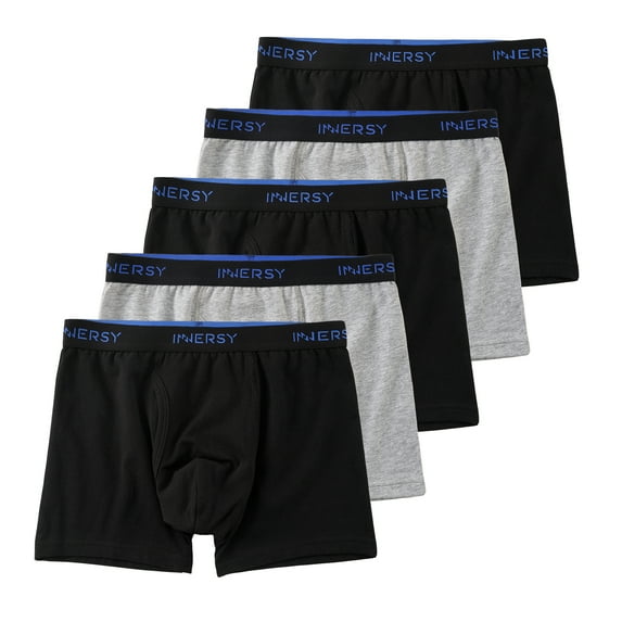 INNERSY Boys Underwear Stretchy Cotton Soft Boxer Briefs for 6-18 Teen Boys 5 Pack (M, Black/Gray)