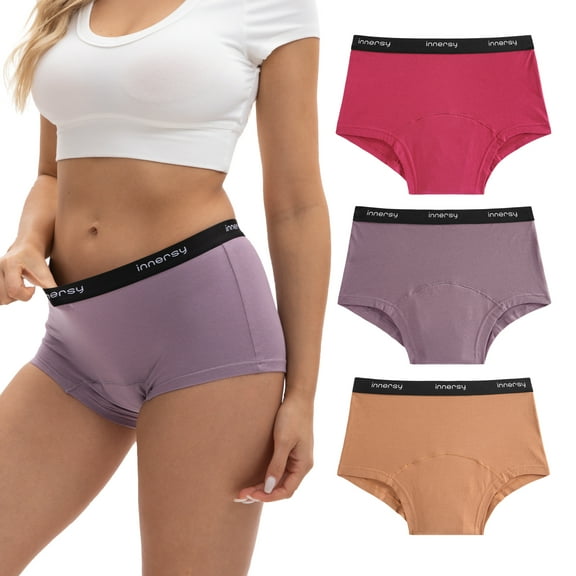 INNERSY Cotton Period Boyshort for Women Leakproof Underwear Mid Rise Menstrual Boxers 3-Pack(2XL,Purple Brown)