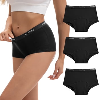 INNERSY Cotton Period Boyshort for Women Leakproof Underwear Mid Rise Menstrual Boxers 3-Pack(L,Black)