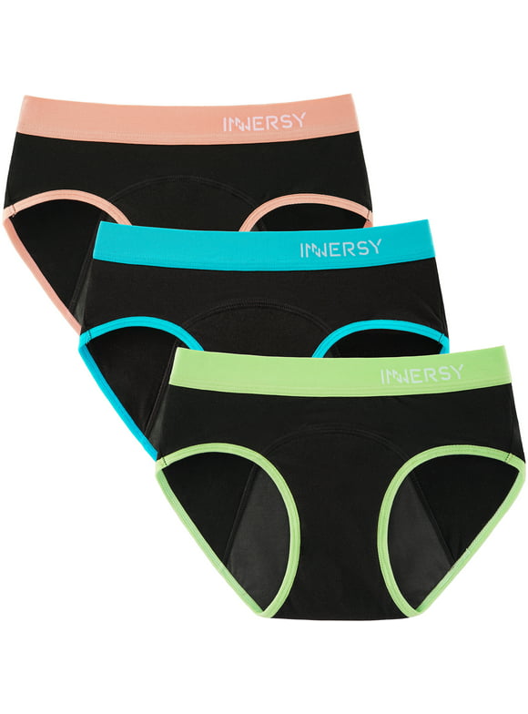 INNERSY Girl's Period Underwear Cotton Menstrual Panties for First Period Starter 3-Pack (L(12-14 yrs), Various Black)