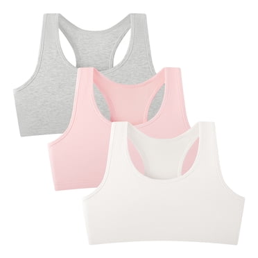 INNERSY Girls' Cotton Racerback Training Bras Wireless Bra for Kids 3 Pack(L,Gray/Pink/White)