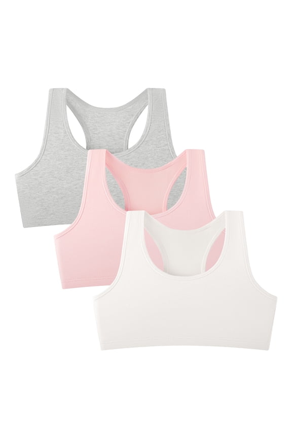 Girls' Cotton Racerback Training Bras Wireless Bra for Kids 3 Pack(L,Gray/Pink/White)