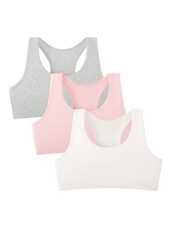 Girls' Cotton Racerback Training Bras Wireless Bra for Kids 3 Pack(L,Gray/Pink/White)