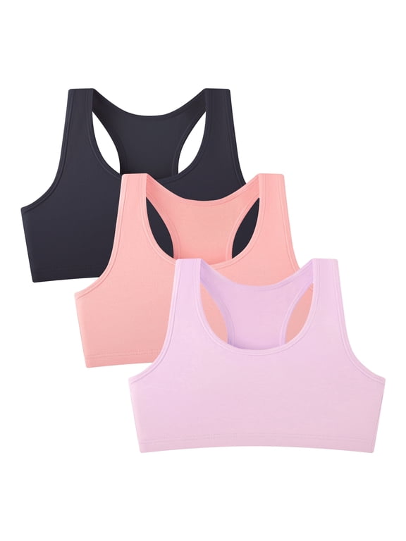 Girls' Cotton Racerback Training Bras Wireless Bra for Kids 3 Pack(L,Navy/Lilac/Peach)