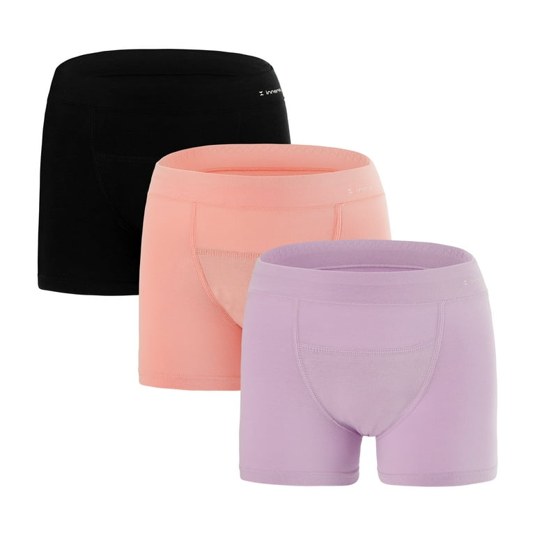 INNERSY Girls' Period Underwear for Teens Age 8-16 Cotton Boxers Panties  3-Pack(L(12-14 yrs),Black/Pink/Puple)