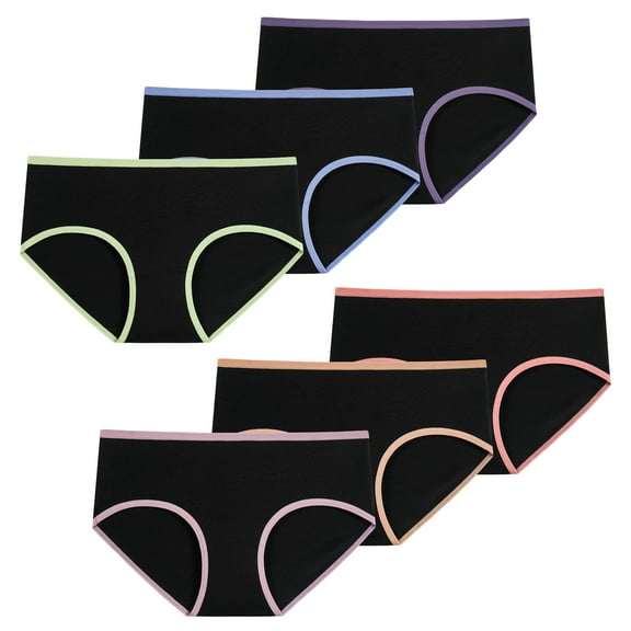 INNERSY Girls Underwear Cotton Briefs Panties for Teens 6-Pack(10-12years,Black & Contrast Stitch)