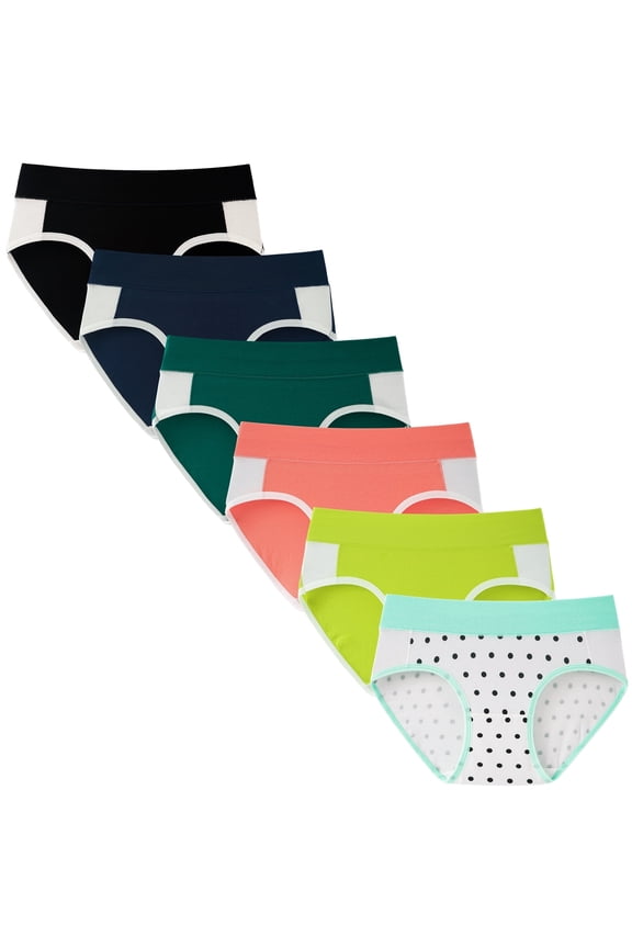 Girls Underwear Soft Cotton Briefs Wide Waistband Panties for Teens Pack of 6 (14-16 Years, Contracting Color & Dots)