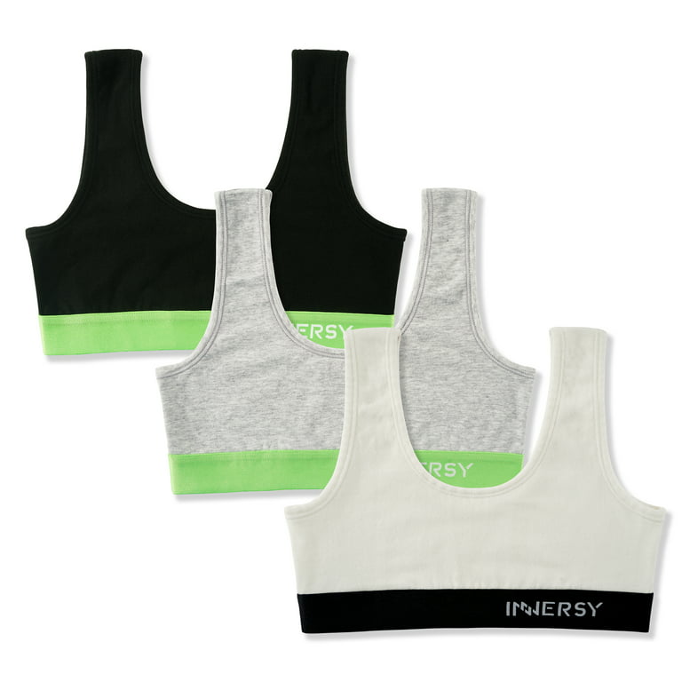 INNERSY Girls Wireless Bras Comfortable Cotton Training Bras for Teens 3  Pack (M, Black/White/Gray)