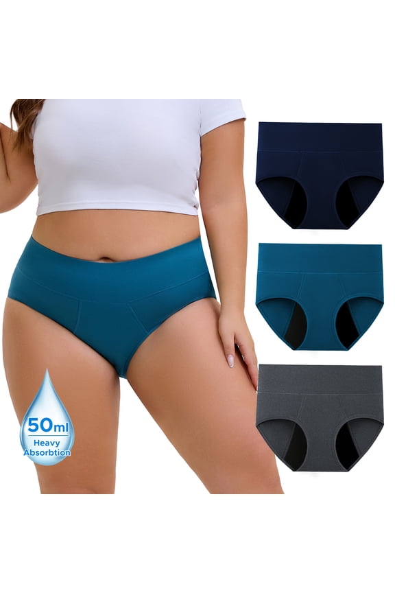 High Waist Plus Size Period Underwear for Women Heavy Flow Cotton Leakproof Panties 3 Pack(2XL,Blue Grey)