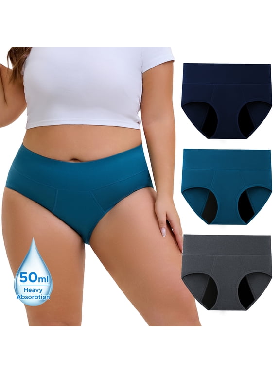 High Waist Plus Size Period Underwear for Women Heavy Flow Cotton Leakproof Panties 3 Pack(3XL,Blue Grey)