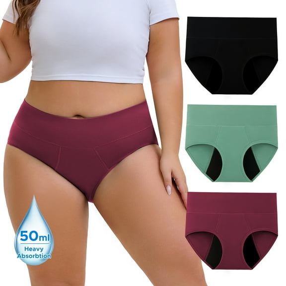 INNERSY High Waist Plus Size Period Underwear for Women Heavy Flow Cotton Leakproof Panties 3 Pack(3XL,Holiday Mix)